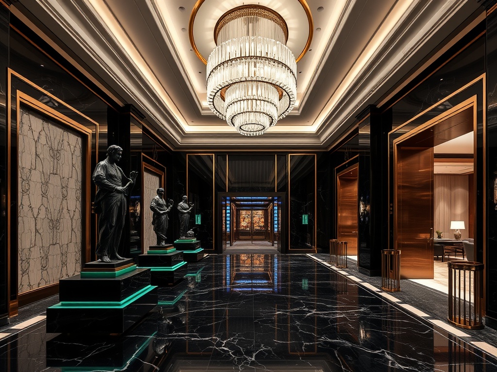 A luxurious Austria casino hotel lobby; contemporary art sculptures, matte-black and pearl-white marble, bronze rails, emerald accents, cinematic night glow, doorways to suites and casino lounges, subtle spa mist.