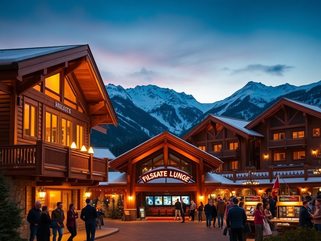 "A luxury chalet-style mountain hotel entrance at dusk, warm lights, panoramic snowy peaks, elegant casino lounge glow, diverse guests, global travel atmosphere."