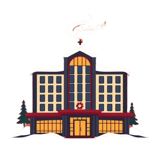 Carefully describe an image that combines "northern luxury" "casino gaming" "sauna steam" "spa relaxation" into one symbol, showing a stylized arctic hotel-like silhouette with bold geometric windows, a small roulette-chip and card icon hint, and gentle s