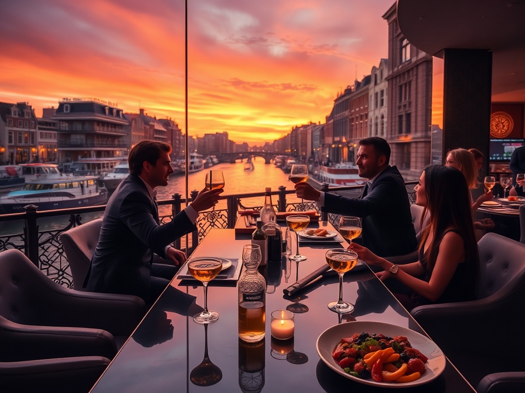 A luxurious canal-view hotel lounge in Amsterdam at dusk, elegant guests toasting handcrafted cocktails, subtle casino glow, spa steam ambiance, gourmet plating.
