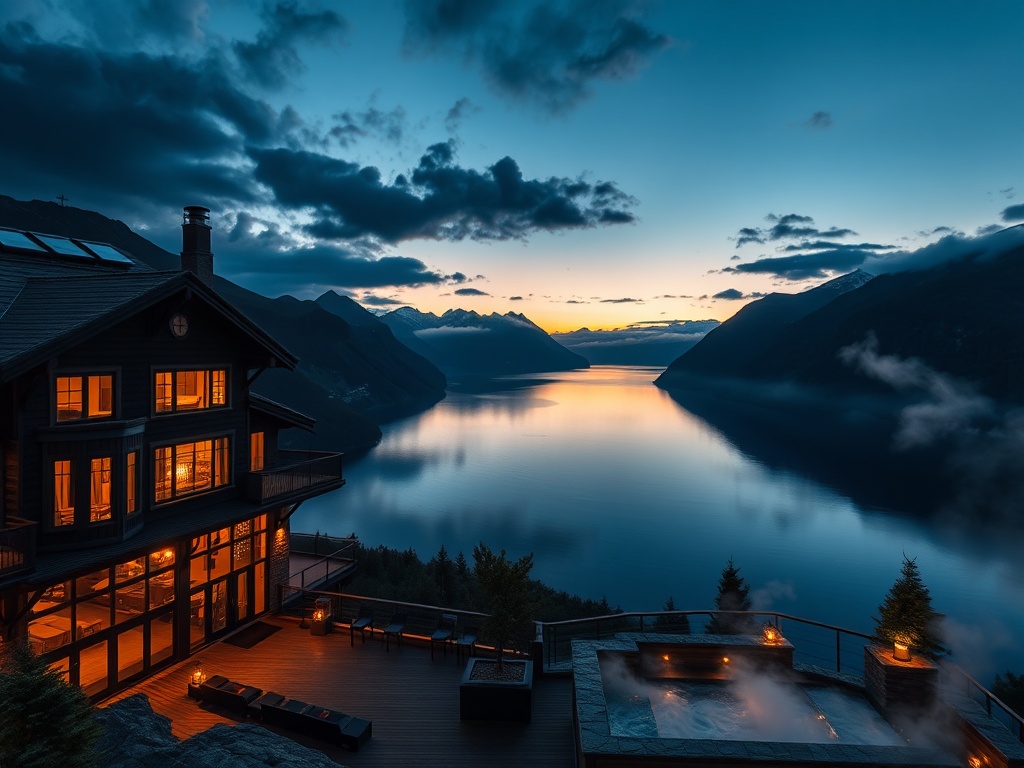 Dramatic Norway fjord at dusk, luxury lodge silhouette, panoramic suite windows glowing, refined casino lounge light through glass, firelit cocktail terrace, spa steam, deep navy stone gray pine green brushed-gold accents, cinematic realism, panoramic vie