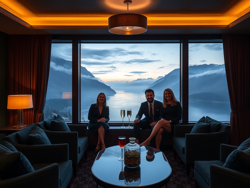 "luxury fjordside hotel lounge at dusk, deep navy and pine green interiors, brushed gold lighting, panoramic window with misty fjord and mountains, four elegant guests smiling"