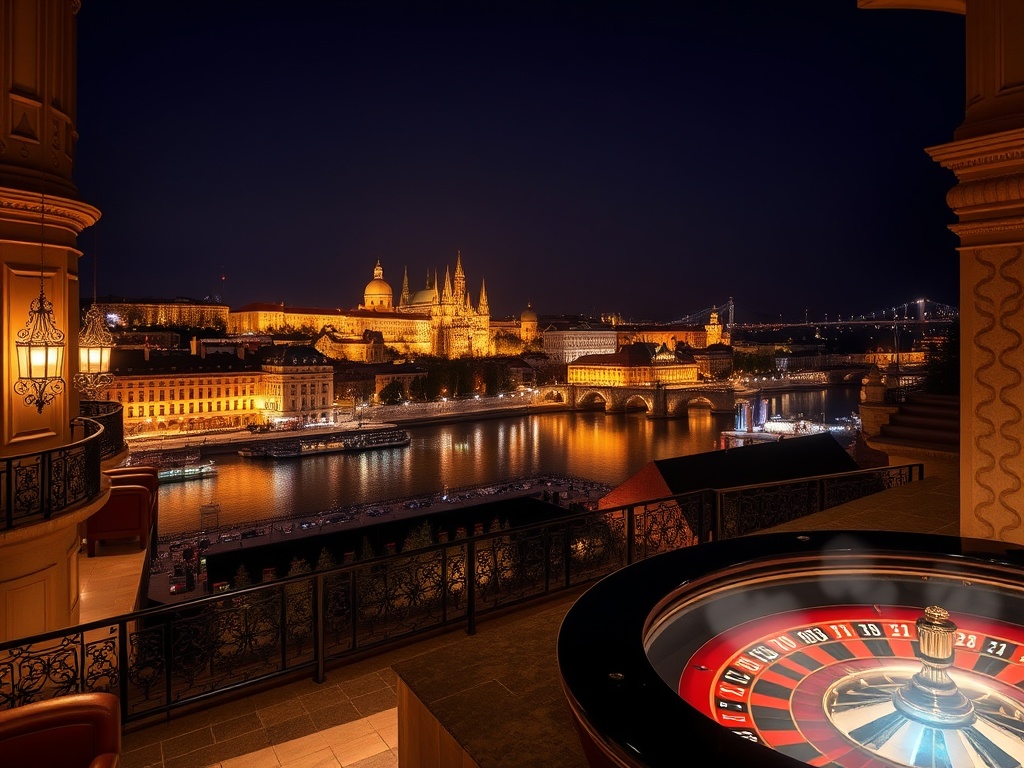 "luxury Prague hotel at night" overlooking "Vltava River and skyline", "glamorous casino floor with roulette lights", and "restorative spa steam ambiance" .