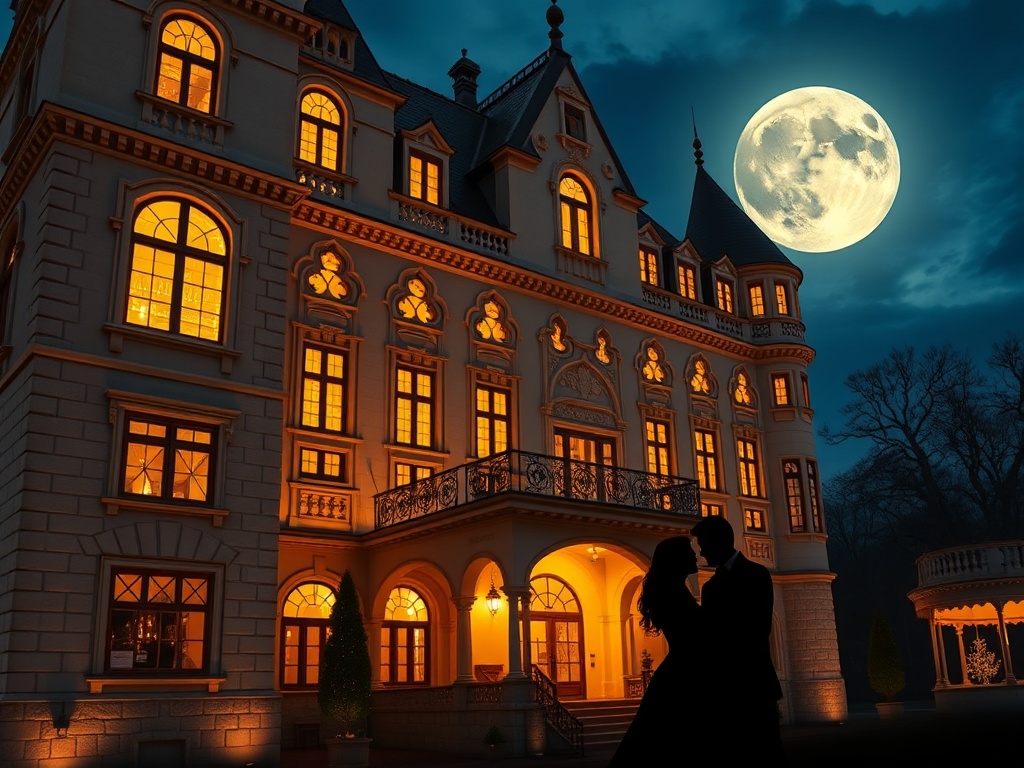 "moonlit Bohemian castle hotel exterior in Czechia, warm golden windows, elegant casino lounge glow, romantic couple silhouette, luxury ambiance, no signage"