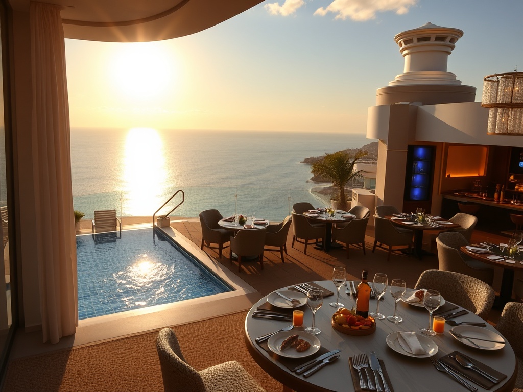 “sunlit oceanfront luxury hotel at summer golden hour” “spacious suite balcony” “sparkling rooftop infinity pool” “elegant dining table with gourmet cuisine” “glamourous VIP gaming lounge ambiance” “soft golden lighting”