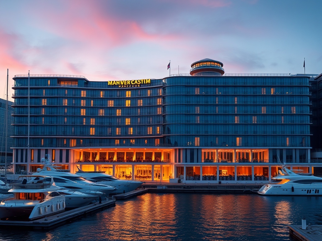 “Modern Norwegian harbor casino-hotel at dusk, ocean-blue glass facade, warm-gold lights, silver accents, yachts, rooftop glow, luxurious adults-only vibe.”