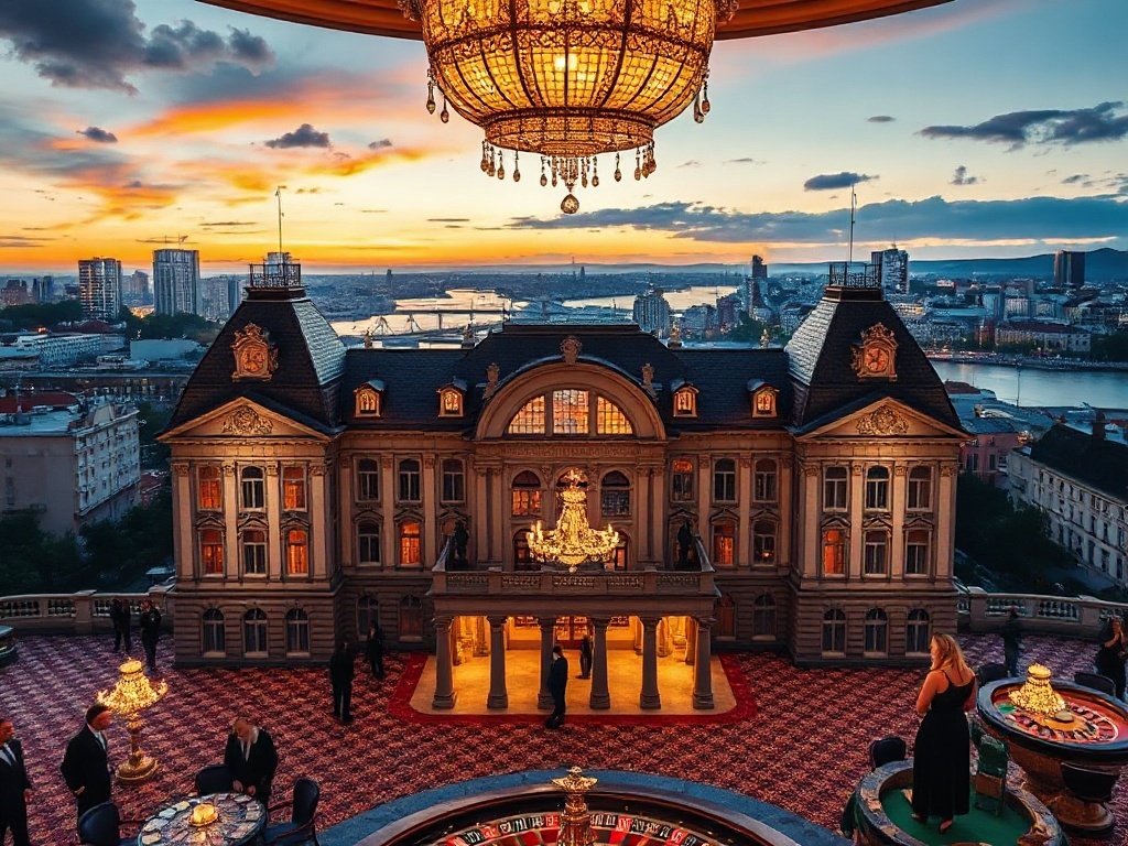 "luxury Warsaw hotel casino hero scene at dusk, grand European façade, panoramic skyline and Vistula river lights, opulent chandelier lobby, elegant guests, golden roulette glow"