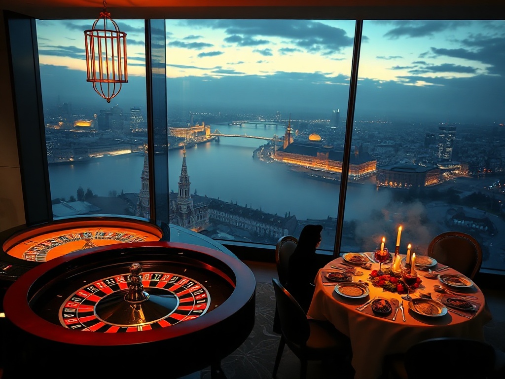 Luxurious casino-hotel interior with panoramic Warsaw skyline; roulette wheel and poker chips glow; adjacent misty spa steam; candlelit Polish feast; romantic couple silhouette.