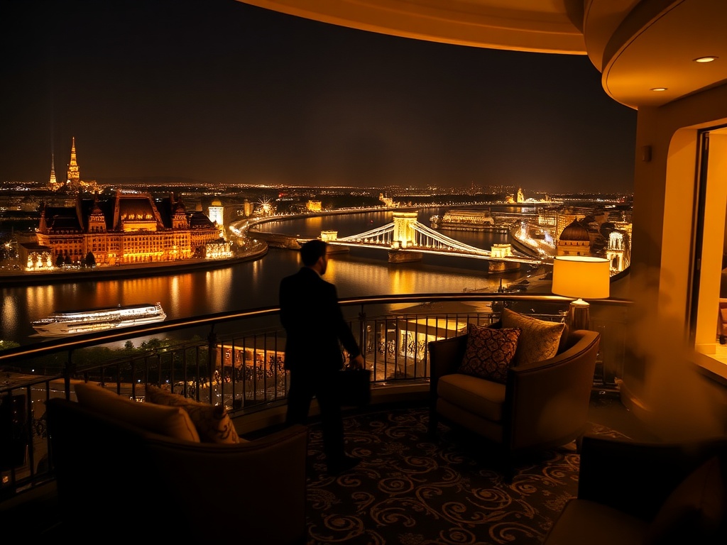 Luxurious suite balcony at night, panoramic Danube lights, plush seating, concierge silhouette, warm casino glow, hint of steam.