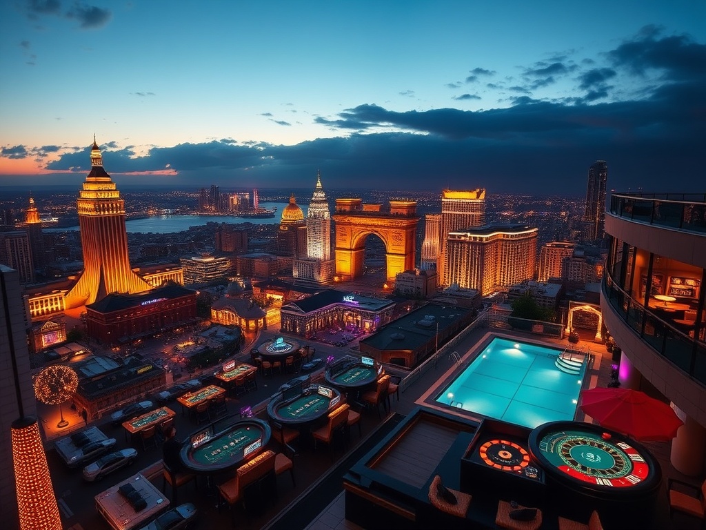 “Luxury casino hotel hero scene at night, panoramic old-town skyline and modern tower lights, glowing gaming tables, elegant suite window view, rooftop pool reflections, upscale ambience”