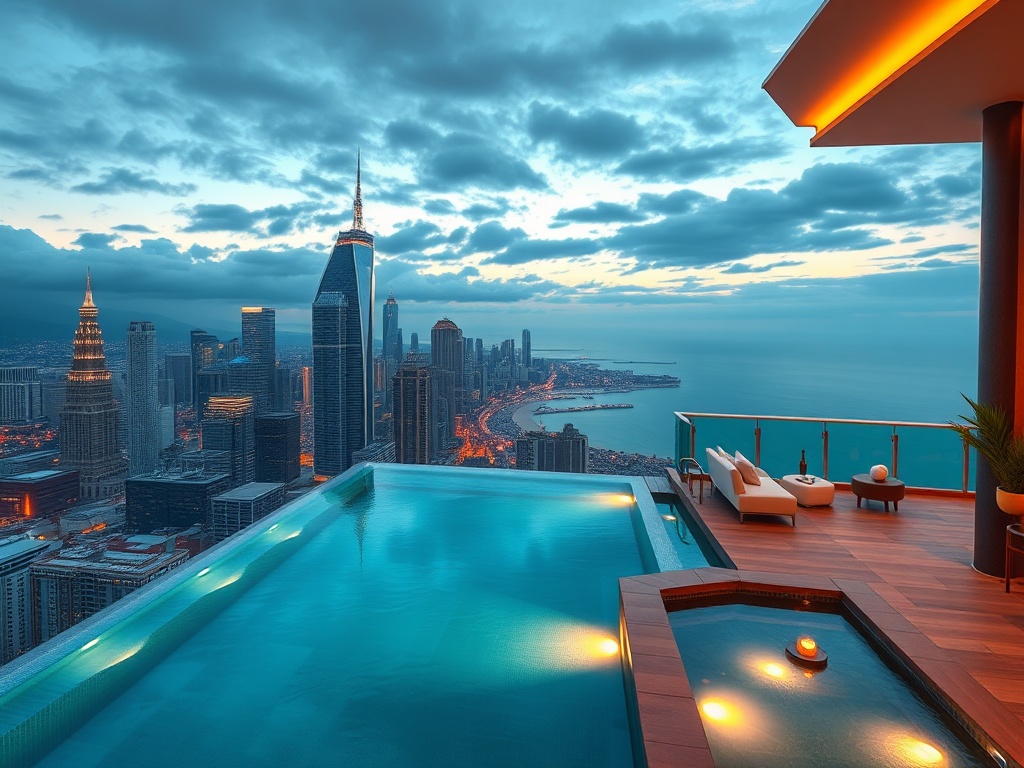 "Luxury skyline suite with panoramic ocean view, elegant VIP casino lounge ambiance, rooftop infinity pool, and serene spa glow, cinematic lighting."