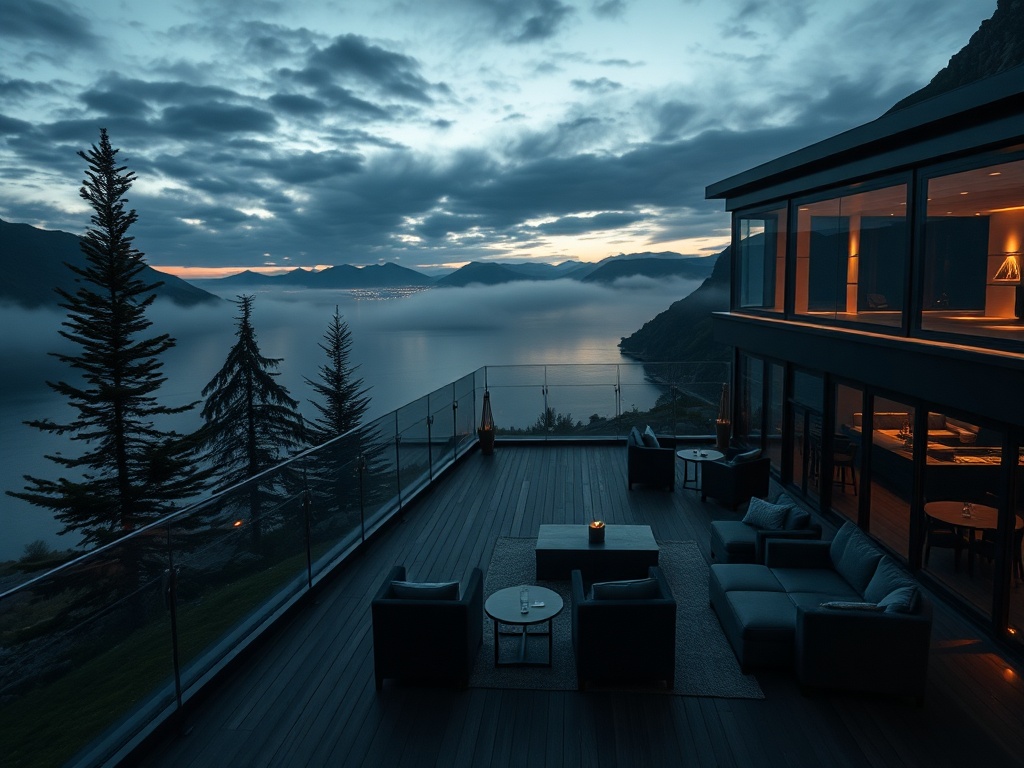 Panoramic fjordside luxury hotel terrace at dusk, deep navy interiors visible through glass, pine trees, brushed gold lights, inviting luxury lounge, cinematic lighting, soft mist, elegant floating booking card shapes.