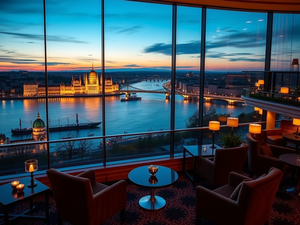 “luxury Budapest casino hotel at dusk, panoramic Danube river view, elegant European suites windows, polished gaming lounge lights, velvet chairs, thermal spa glow, fine dining ambiance”