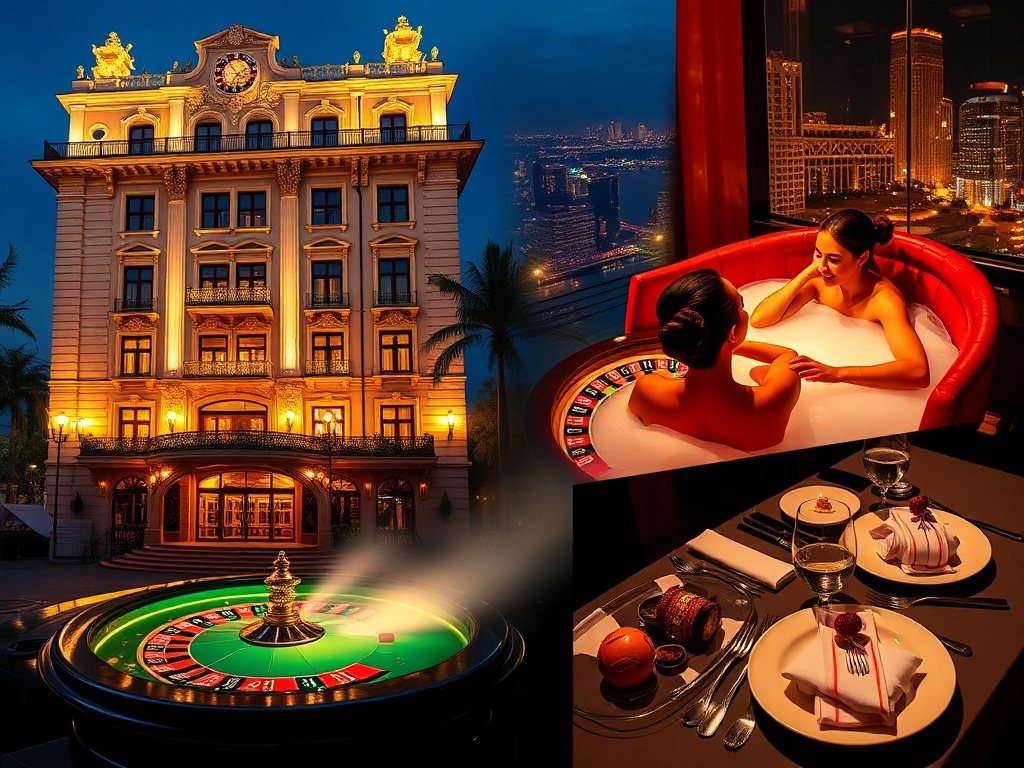A split-scene collage showing elegant historic hotel facade, glowing casino tables with roulette lights, a couple in spa steam, luxury dining plates, night skyline reflections.