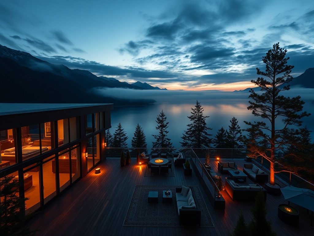 Panoramic fjordside luxury hotel terrace at dusk, deep navy interiors visible through glass, pine trees, brushed gold lights, inviting luxury lounge, cinematic lighting, soft mist, elegant floating booking card shapes.