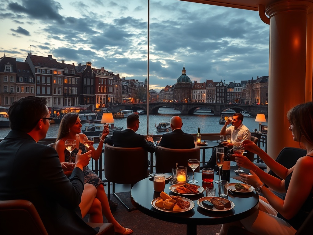 A luxurious canal-view hotel lounge in Amsterdam at dusk, elegant guests toasting handcrafted cocktails, subtle casino glow, spa steam ambiance, gourmet plating.