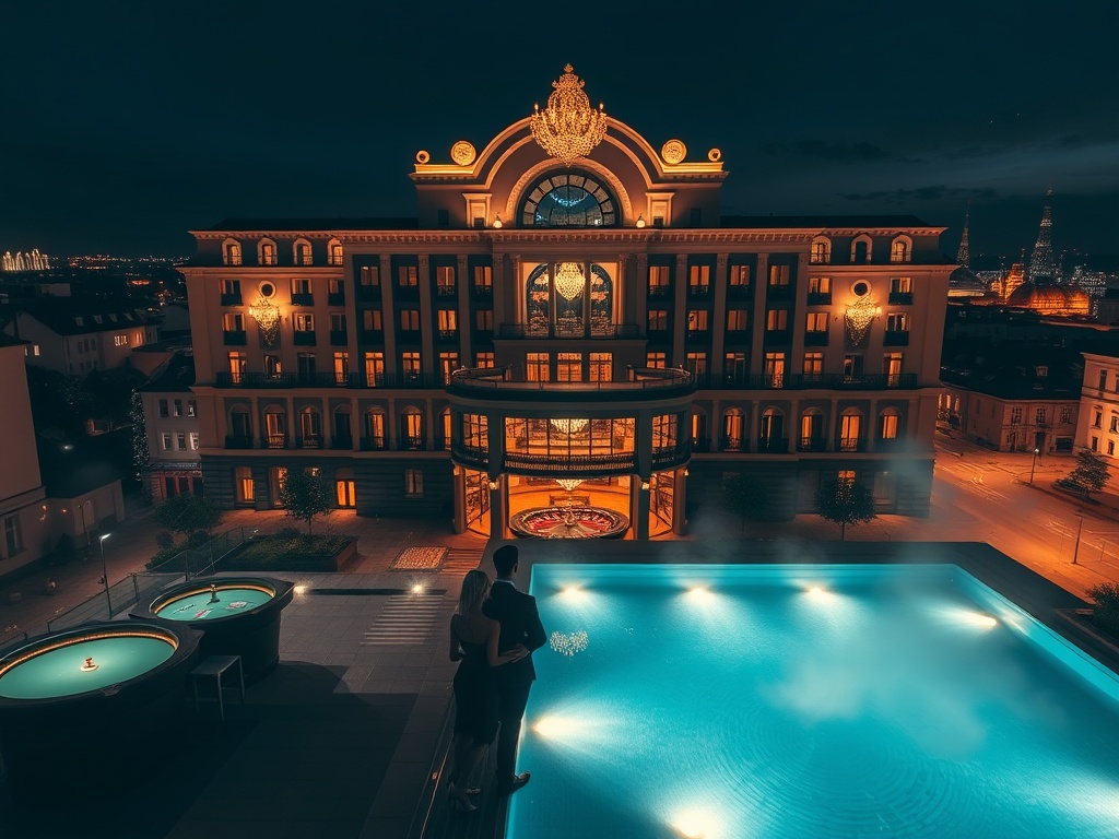 "Nighttime view of a luxury casino hotel facade in Poland, glowing chandeliers inside, elegant couple silhouettes near roulette tables, rooftop spa pool with steam, city square skyline"