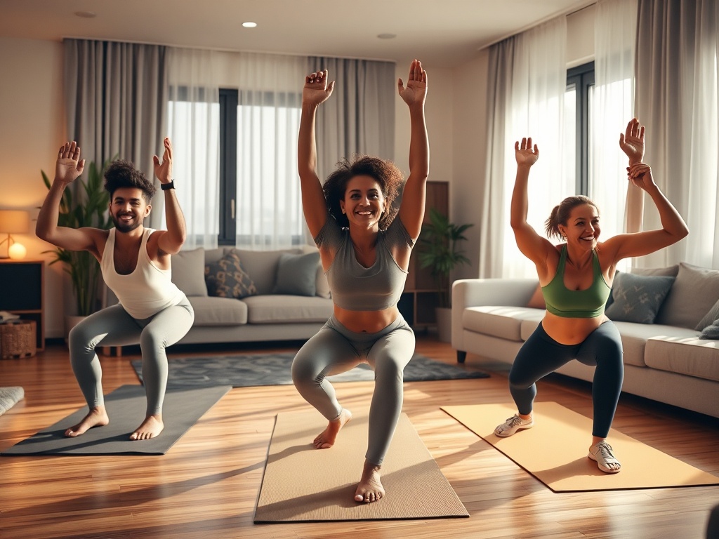 "Cozy modern living room gym scene, three diverse adults exercising on mats, warm light, determined expressions, subtle glow of progress, home savings vibe"