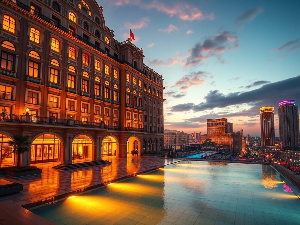 "A grand historic palace facade at dusk, warm suite window lights, elegant casino interior glow, serene spa pool reflections, vibrant city skyline." "VIP luxury mood, cinematic lighting, high detail, no text."