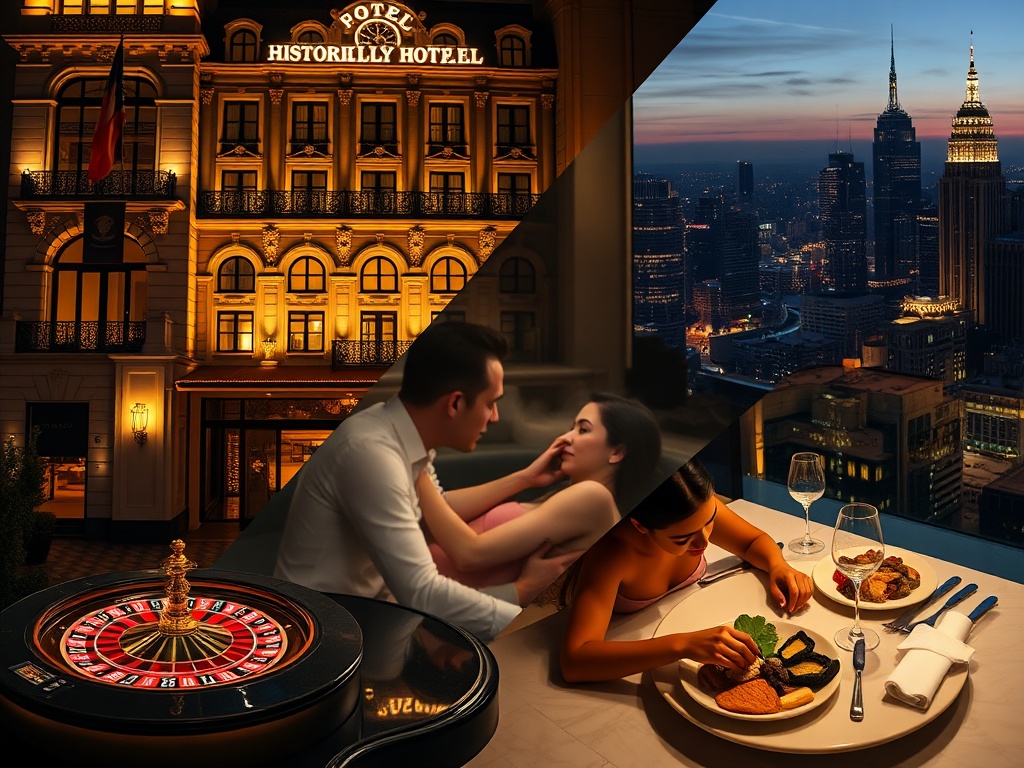 A split-scene collage showing elegant historic hotel facade, glowing casino tables with roulette lights, a couple in spa steam, luxury dining plates, night skyline reflections.