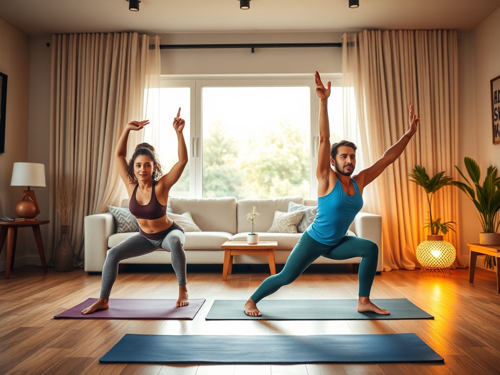 "Cozy modern living room gym scene, three diverse adults exercising on mats, warm light, determined expressions, subtle glow of progress, home savings vibe"