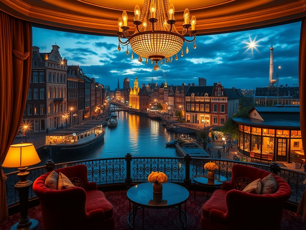 "Opulent Amsterdam canal-view luxury suite at dusk, warm chandelier glow, velvet seating, elegant casino floor glimpsed, rooftop lounge lights, tranquil mint-citrus spa steam, nightlife energy beyond." "VIP ambiance, cinematic lighting, high detail, no lo