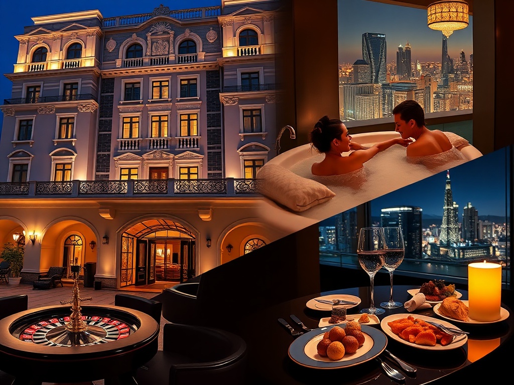 A split-scene collage showing elegant historic hotel facade, glowing casino tables with roulette lights, a couple in spa steam, luxury dining plates, night skyline reflections.