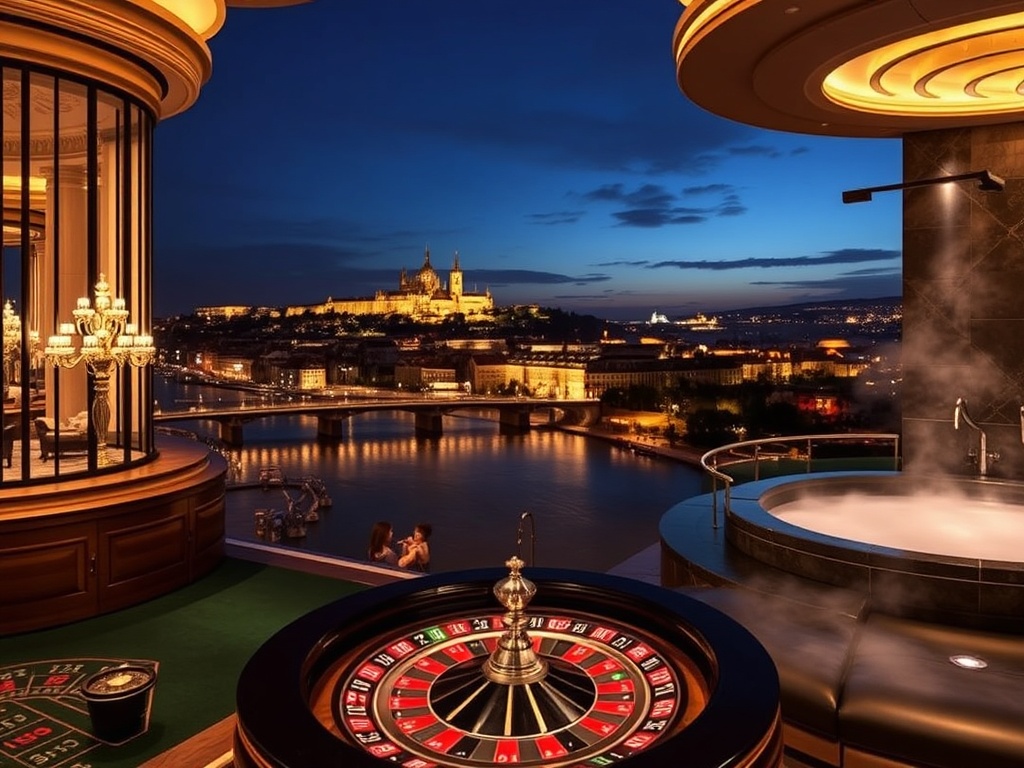 "luxury Prague hotel at night" overlooking "Vltava River and skyline", "glamorous casino floor with roulette lights", and "restorative spa steam ambiance" .