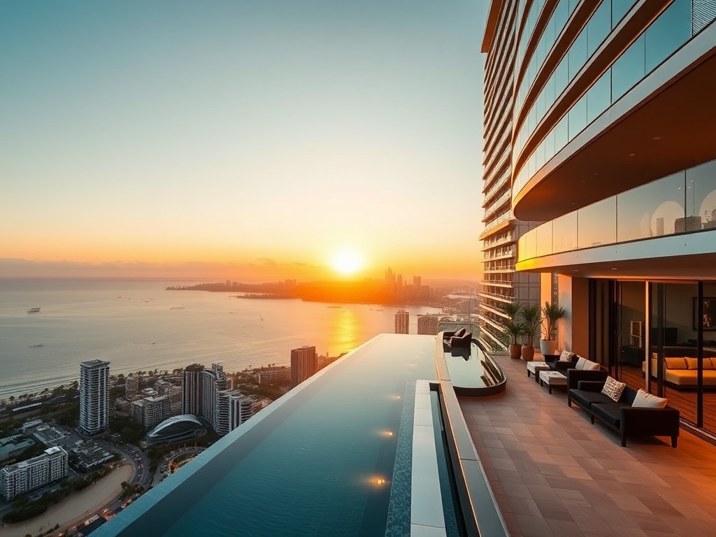 "ultra-luxury Australia oceanfront casino hotel at golden hour" "glass skybridge" "rooftop infinity pool" "elegant ocean-view suite balcony" "warm city lights"
