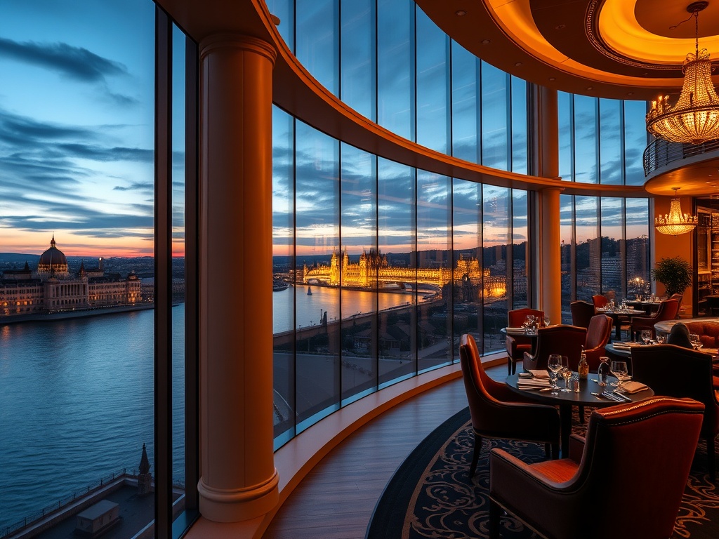 “luxury Budapest casino hotel at dusk, panoramic Danube river view, elegant European suites windows, polished gaming lounge lights, velvet chairs, thermal spa glow, fine dining ambiance”