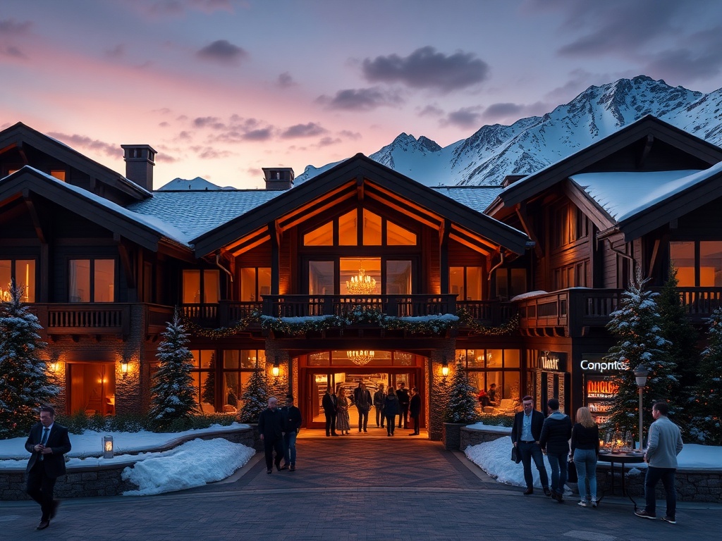"A luxury chalet-style mountain hotel entrance at dusk, warm lights, panoramic snowy peaks, elegant casino lounge glow, diverse guests, global travel atmosphere."
