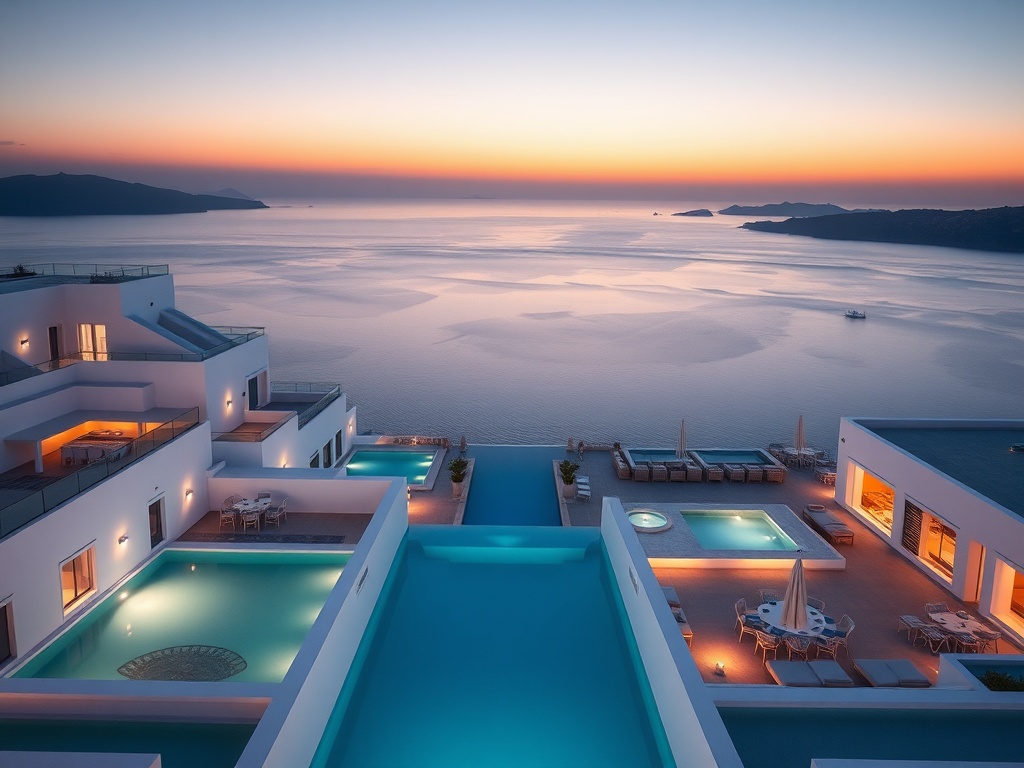 Aegean-horizon luxury hotel at dusk, elegant white Mediterranean suites, warm lights, sea-view infinity pool, softly glowing casino lounge windows, refined upscale ambience, romantic escape.