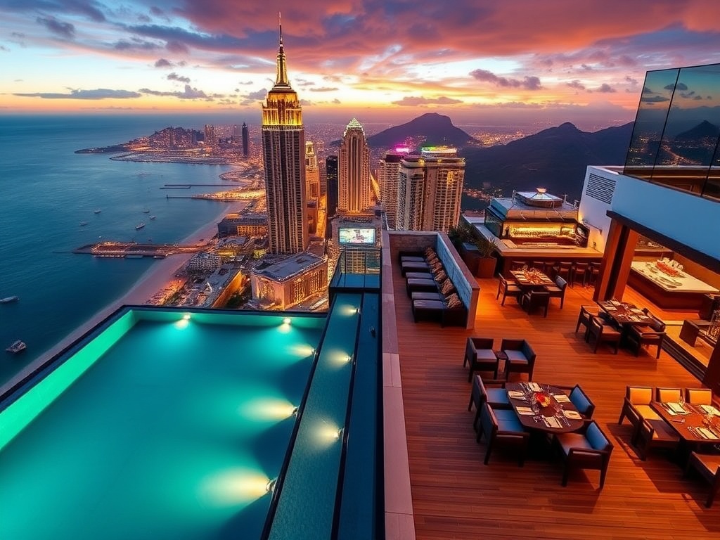 "modern luxury skyline suites with ocean views" "VIP casino lounge lights" "rooftop infinity pool" "spa steam" "gourmet dining" "cocktail bar nightlife" "golden beachfront".