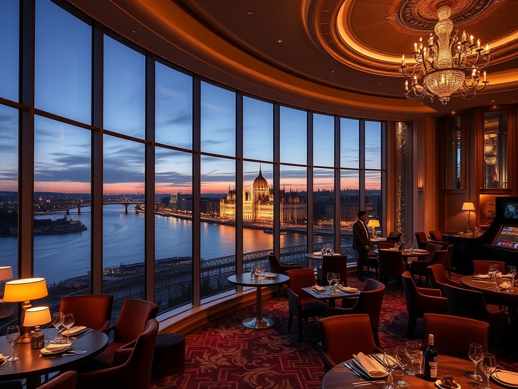 “luxury Budapest casino hotel at dusk, panoramic Danube river view, elegant European suites windows, polished gaming lounge lights, velvet chairs, thermal spa glow, fine dining ambiance”