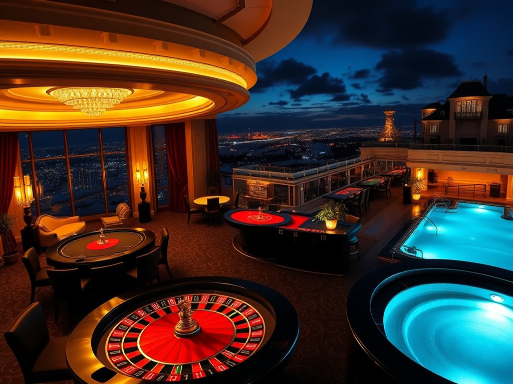 "nighttime panorama of a luxurious European casino hotel" "warm-lit entrance and velvet-draped lobby" "glossy gaming tables with roulette wheel glow" "cocktail bar silhouettes" "rooftop pool with city skyline" "elegant suite windows in background" "luxury