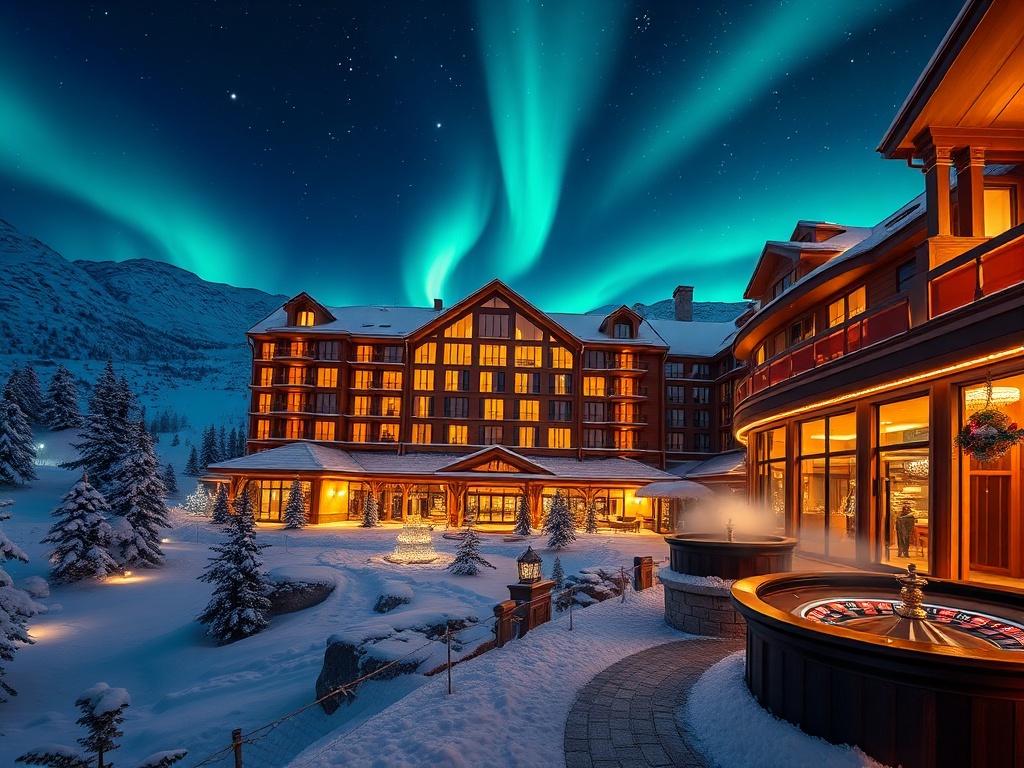 "Opulent Nordic luxury casino hotel at night" "snowy landscape with aurora" "warm suite windows" "glossy VIP gaming floor glow" "silhouetted roulette table" "sauna steam and spa candlelight" "rooftop cocktails under starlight"