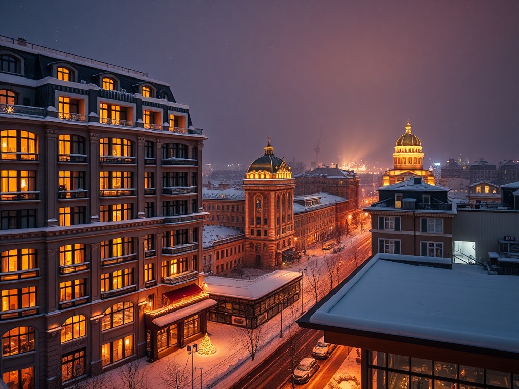 "snowy Finnish city night panorama, luxury Nordic hotel façade, warm golden windows, elegant rooftop lounge lights, distant casino glow, serene spa steam, falling snow" "high-end, glamorous, cinematic lighting"