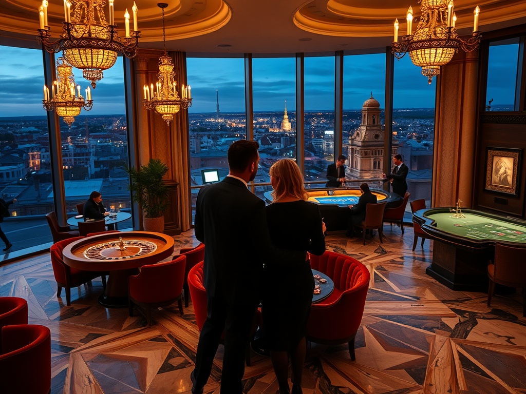 "opulent casino hotel lobby in Warsaw, warm chandeliers, marble floors, velvet seating, panoramic windows over historic rooftops and modern skyline, elegant couple, night glow" "open gaming floor in background with roulette table, poker chips, soft neon a