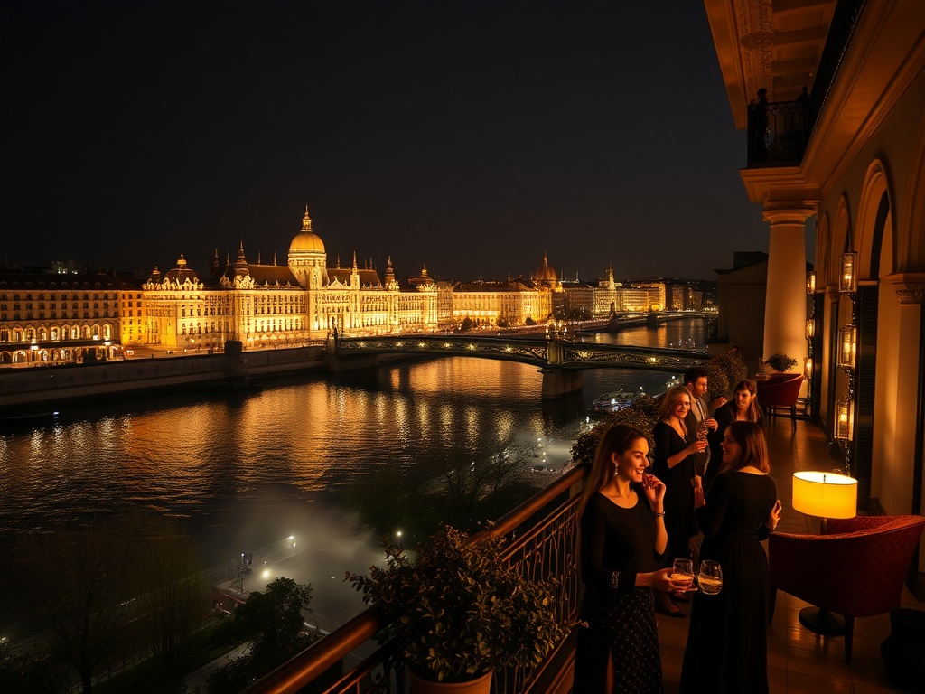 "Nighttime Budapest luxury casino-hotel balcony overlooking the Danube" "elegant lit suites" "warm spa steam" "velvet lounge glow" "smiling guests dressed for evening"