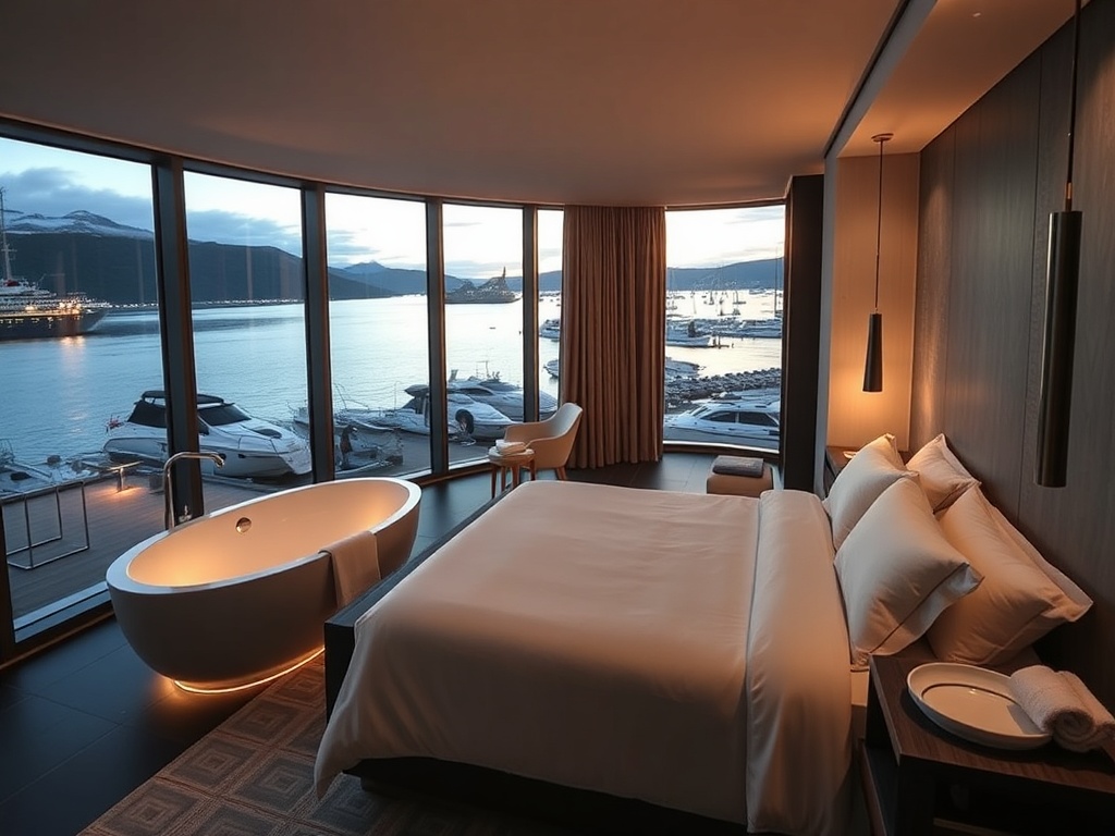 A modern waterfront hotel suite in Norway, floor-to-ceiling ocean-view windows, plush neutral bedding, elegant bathroom glow, dark slate, silver, warm gold accents, evening harbor lights.