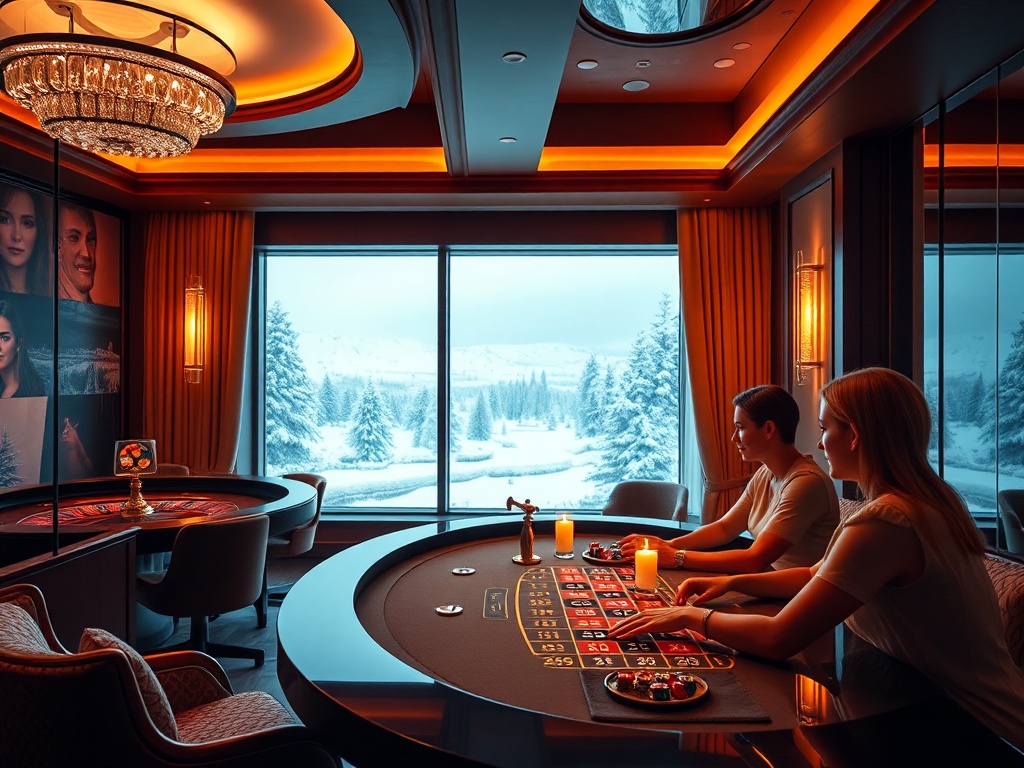 "luxury Arctic casino hotel lounge" "warm Nordic interiors" "panoramic snowy window" "subtle poker/roulette atmosphere" "spreading spa glow" "elegant couple".