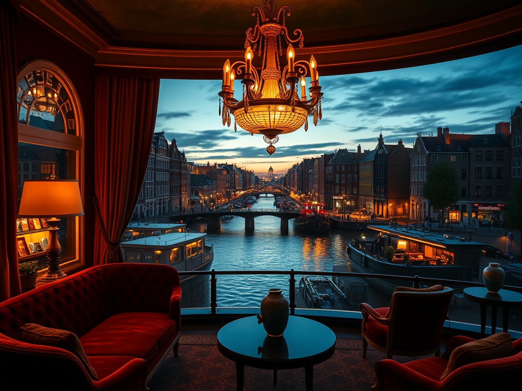"Opulent Amsterdam canal-view luxury suite at dusk, warm chandelier glow, velvet seating, elegant casino floor glimpsed, rooftop lounge lights, tranquil mint-citrus spa steam, nightlife energy beyond." "VIP ambiance, cinematic lighting, high detail, no lo