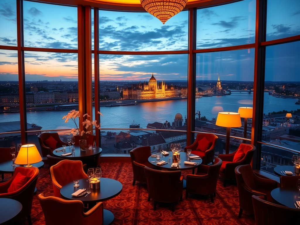 “luxury Budapest casino hotel at dusk, panoramic Danube river view, elegant European suites windows, polished gaming lounge lights, velvet chairs, thermal spa glow, fine dining ambiance”