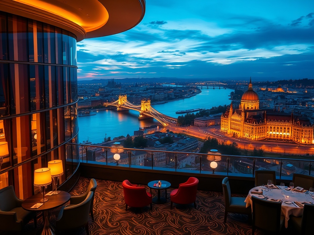 “luxury Budapest casino hotel at dusk, panoramic Danube river view, elegant European suites windows, polished gaming lounge lights, velvet chairs, thermal spa glow, fine dining ambiance”