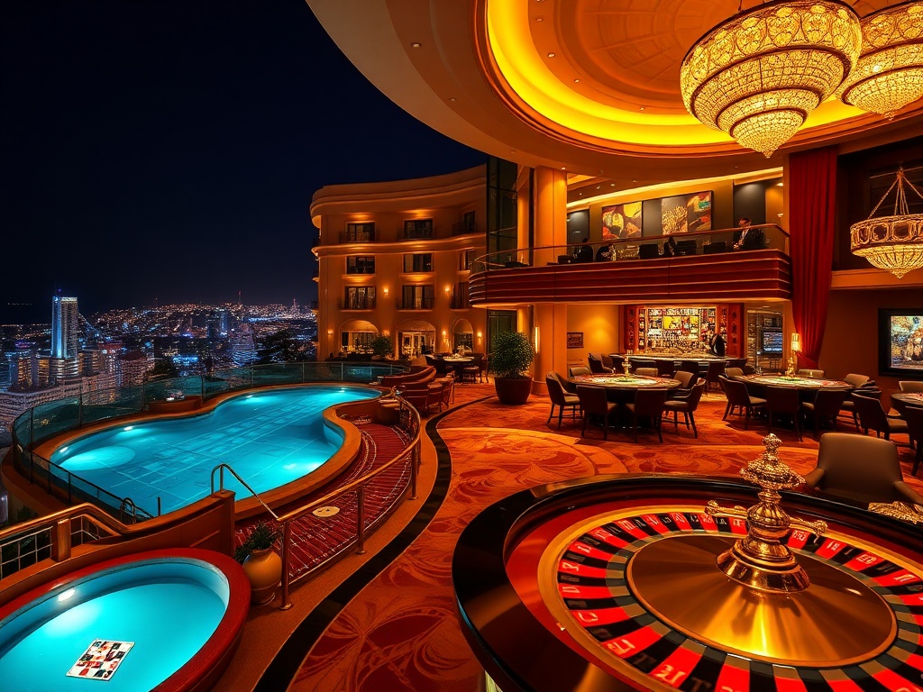 "nighttime panorama of a luxurious European casino hotel" "warm-lit entrance and velvet-draped lobby" "glossy gaming tables with roulette wheel glow" "cocktail bar silhouettes" "rooftop pool with city skyline" "elegant suite windows in background" "luxury