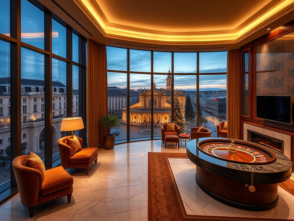 "luxurious casino hotel suite at twilight" "large window views of historic square and modern boulevards" "golden accents, velvet seating, marble" "soft pool and spa lights" "subtle roulette decor"