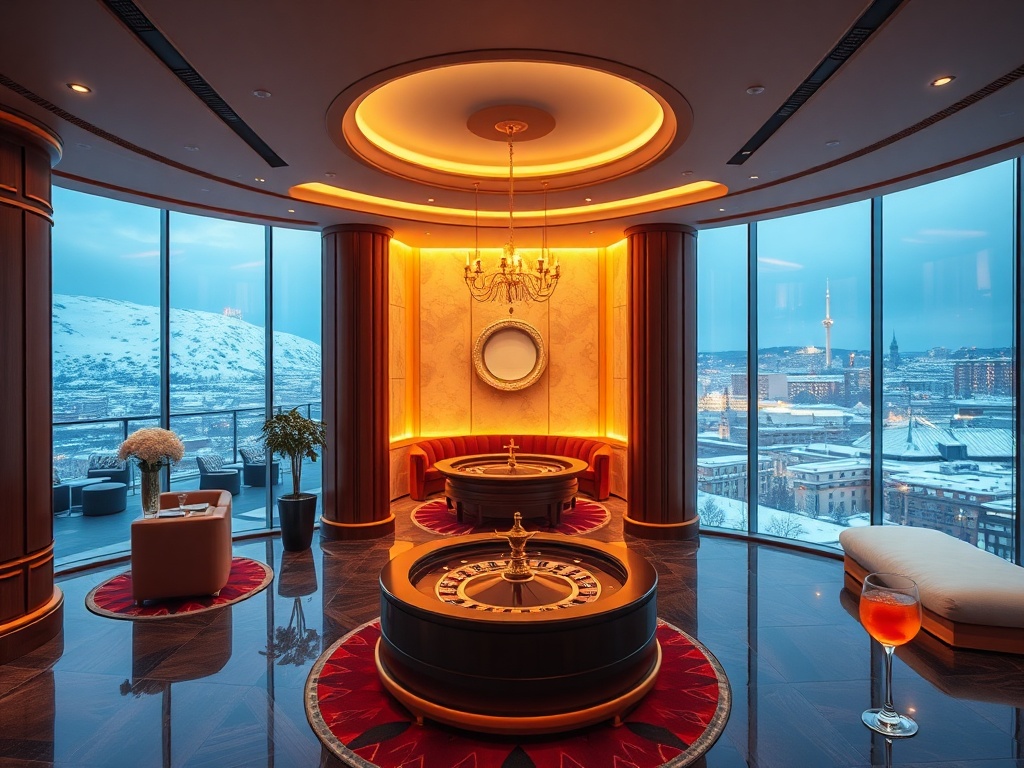 A luxurious Nordic casino hotel lobby merging into a warm-suite interior, elegant roulette-lit gaming floor, glowing sauna steam, panoramic snowy skyline, and a rooftop cocktail ambiance.