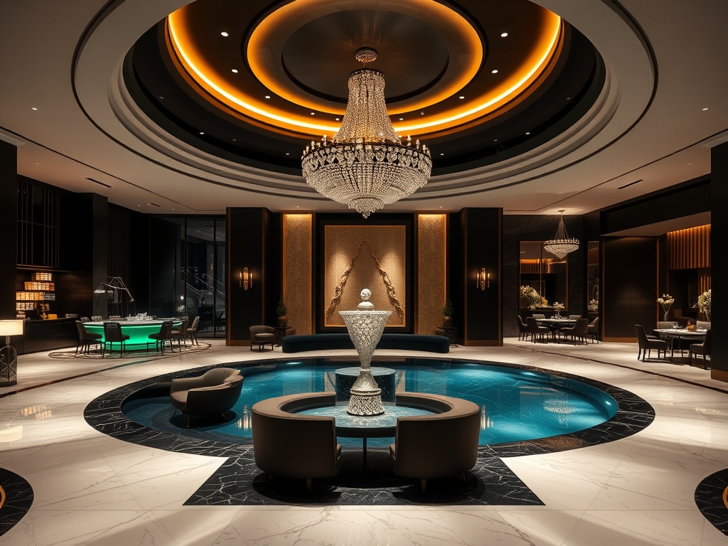 "matte black" "pearl white" lobby splitting into "emerald" lit casino lounge, "bronze" dining gallery, spa thermal pool, evening stage lights, luxurious ambience. "You MUST not include ANY brand images or logos. You may ONLY reply with the format given. I