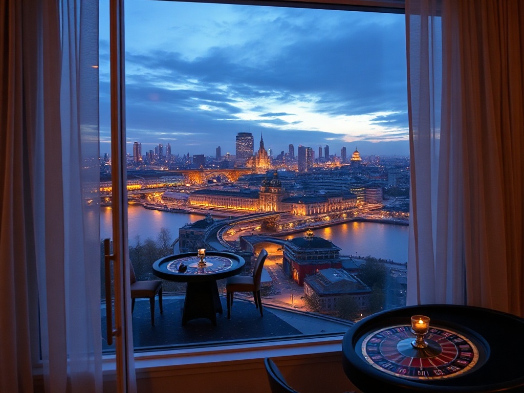 "luxury Warsaw suite window with glowing skyline and river lights"; "elegant casino gaming tables"; "spa steam-lit sauna"; "fine Polish dining with cocktails"; "upscale evening atmosphere"
