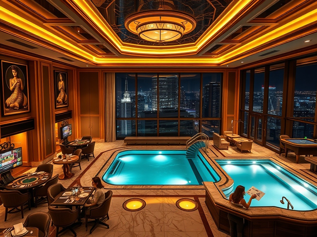 "luxury casino hotel interior blending warm brass lighting with sleek marble; elegant suite view beyond; gaming tables, cocktails, gourmet dining; rooftop pool glow; spa sauna steam; night city skyline."
